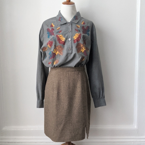 Vintage Wool Blend Brown Tweed A Line Skirt - Picture 3 of 8